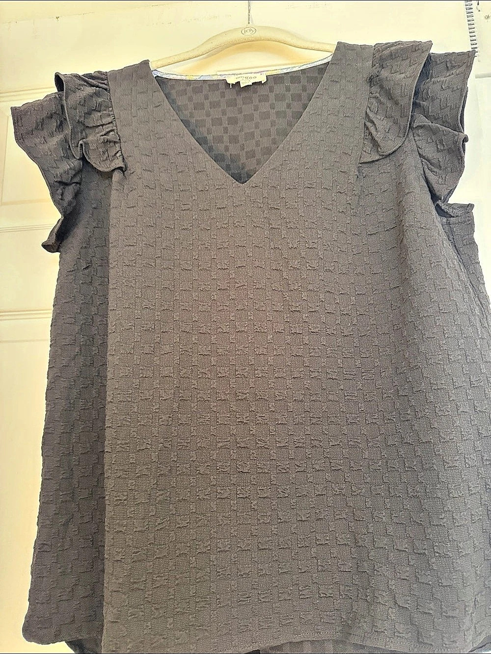 Umgee Textured Ruffle Sleeve V-Neck Top Gray